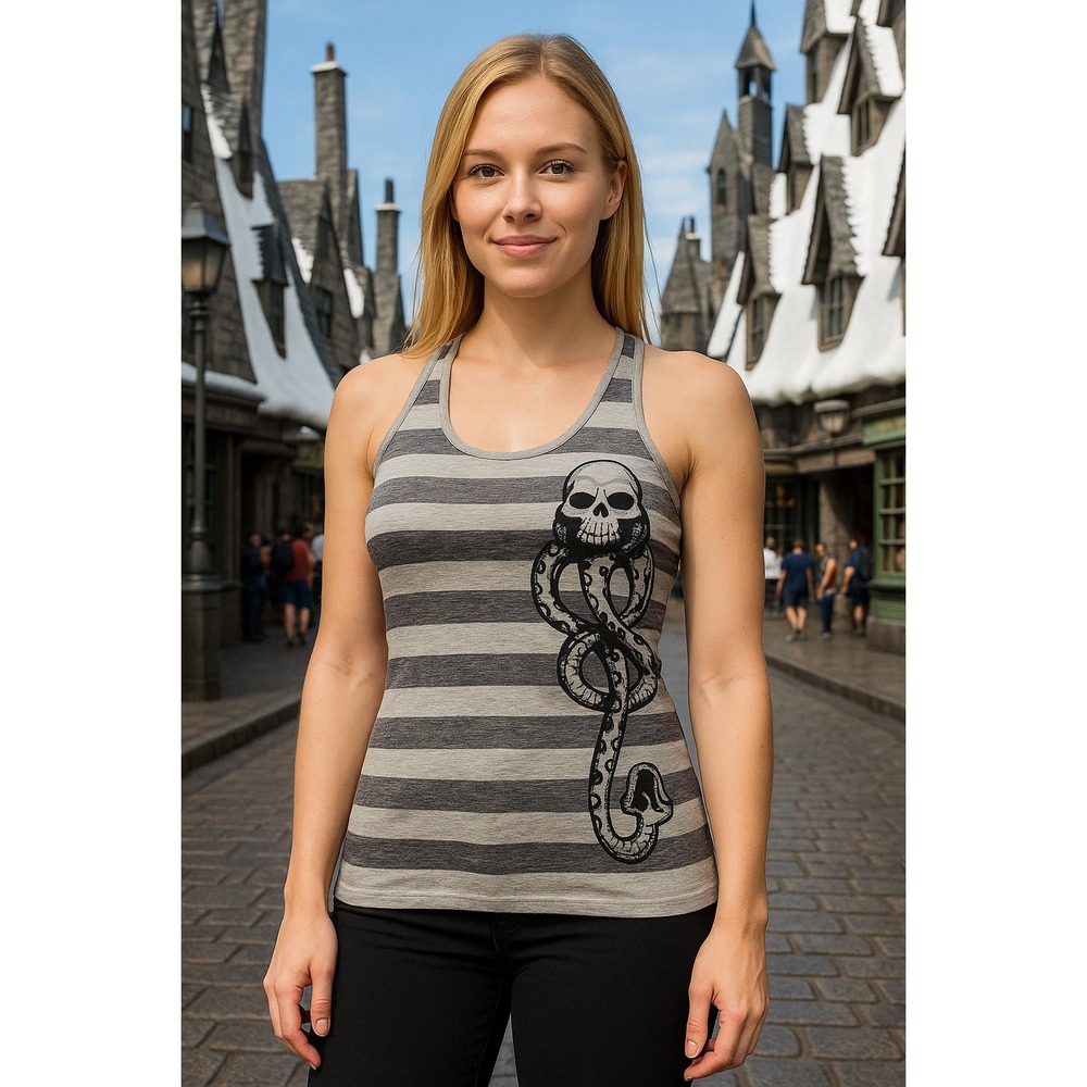 Harry Potter Dark Mark Tank Top Universal Studios Women's Size Large Gray Stripe